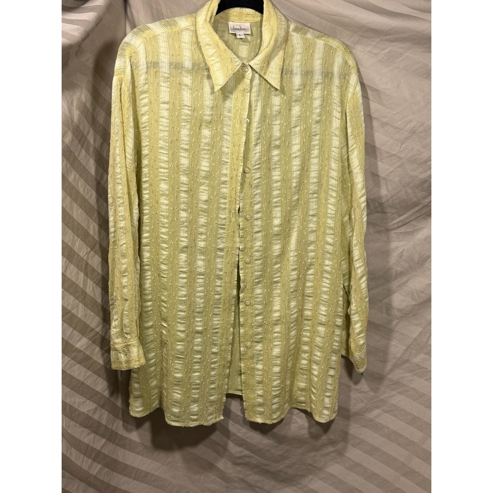 Neiman Marcus Womens Yellow Textured Stripe Linen Blend Button Down Shirt L